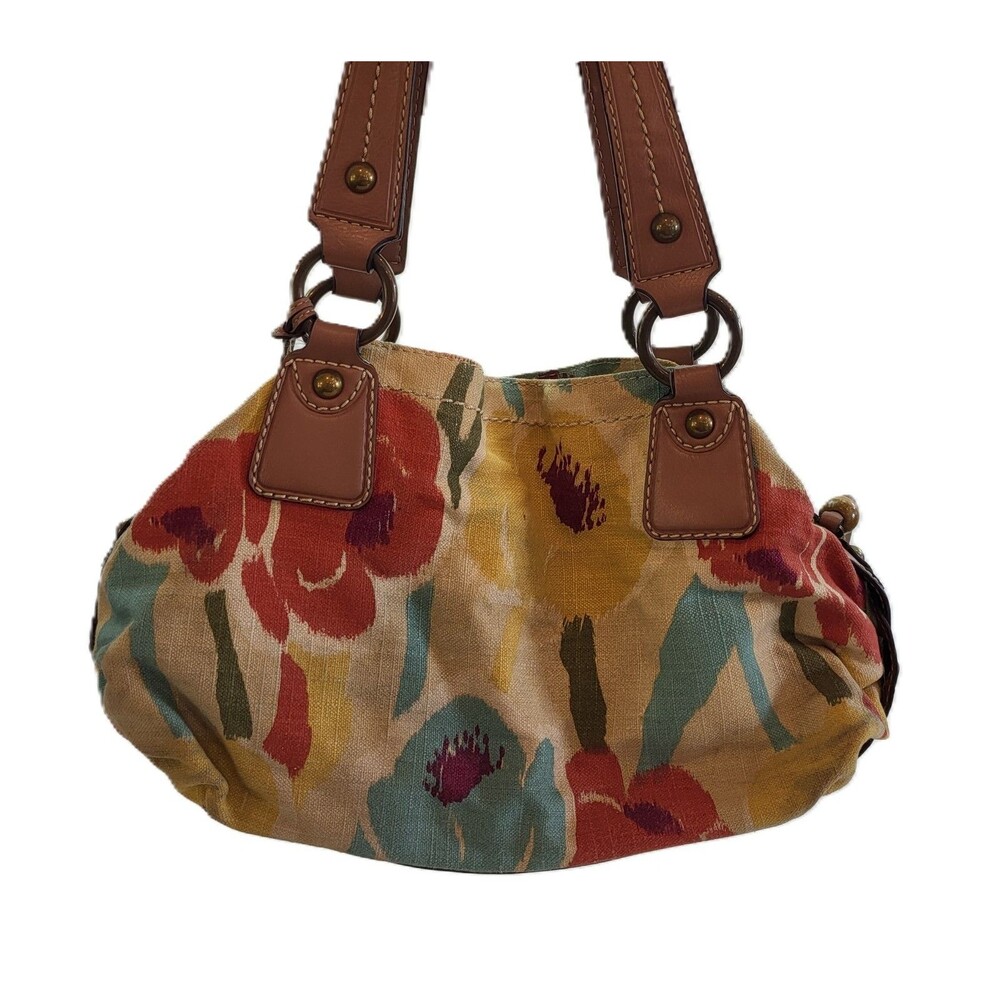 Fossil Floral Canvas Leather Shoulder Bag Satchel Purse Boho Multicolor
